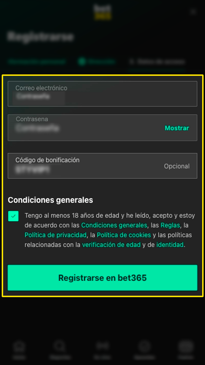 Configuración de usuario y clave segura en Bet365.